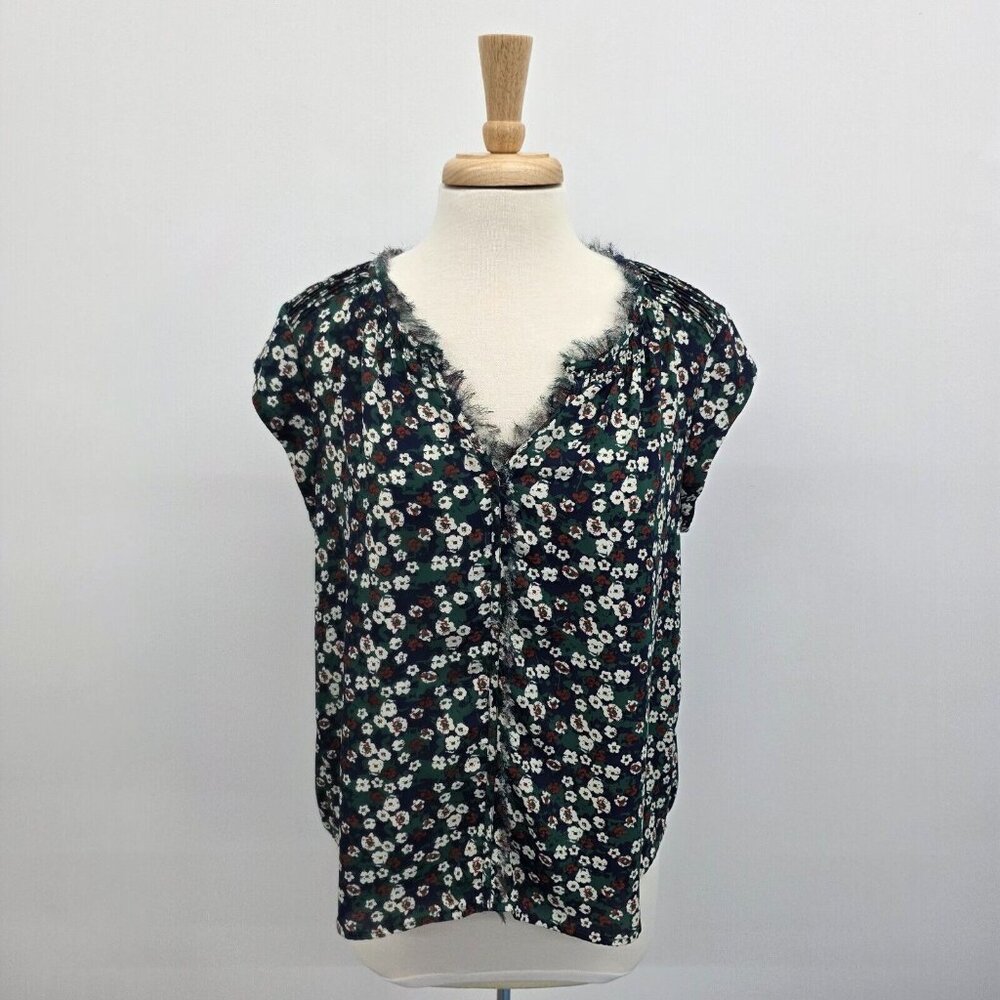 Daniel Rainn Womens Floral Print Top Blouse Size PL Cap Sleeve Green Blue V-Neck